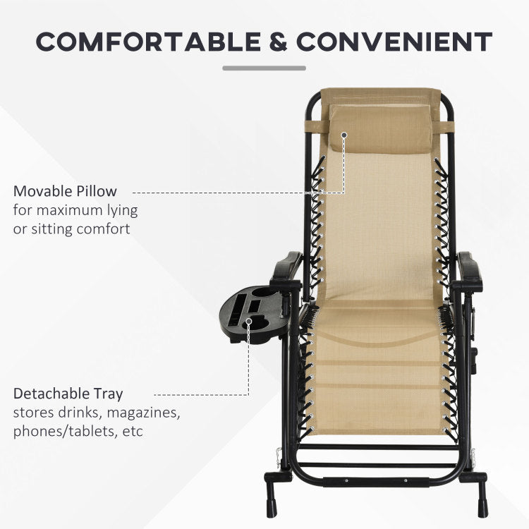 Outsunny 2 Pieces Outdoor Rocking Chairs, Foldable Reclining Zero Gravity Lounge Rocker With Pillow, Cup & Phone Holder, Combo Design With Folding Legs, Beige
