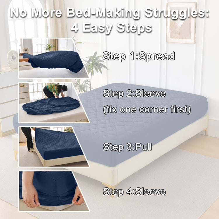 Diamond Patterned Ultrasonic Waterproof Quilted Fitted Sheet, Navy Blue, King Size
