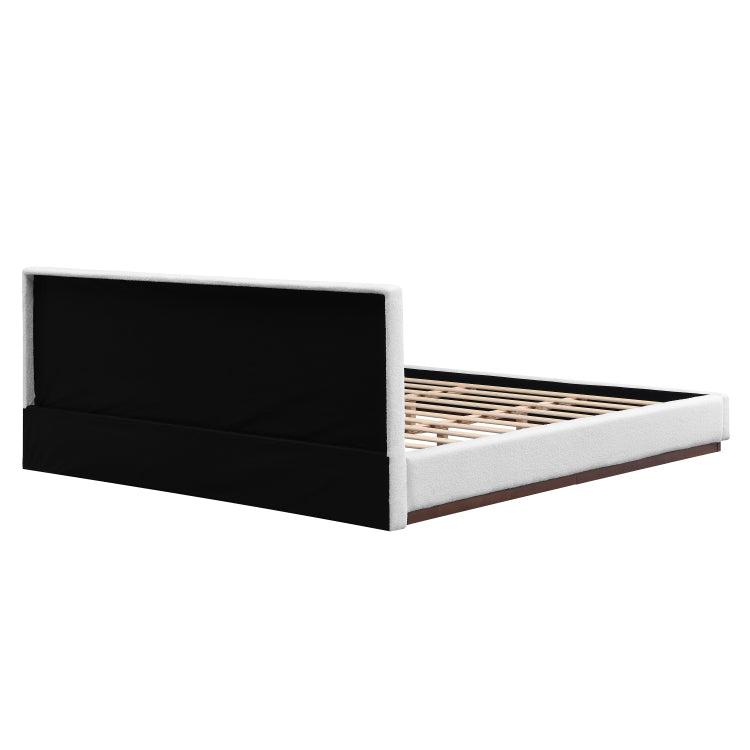 Elegant White Fabric Upholstered Bed With Nice Wood Grain Textured Brown Solid Wood Base Frame,White,King