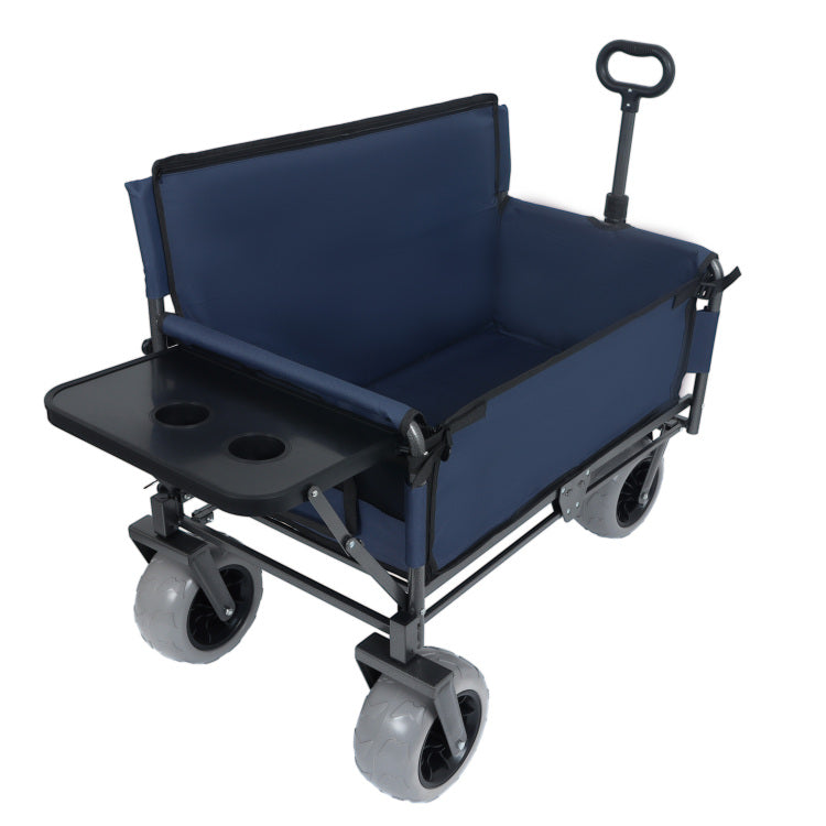 3 In 1 Folding Wagon With Bench Seat & Rear Mounted Folding Tabletop 500Lbs Capacity, 9"X4" Beach Tires For Camping, Beach, Dark Blue