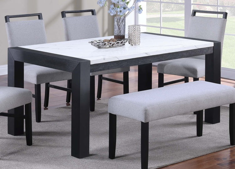 Elegant White Faux Marble Top 1Pc Table Charcoal Legs Wooden Dining Table Modern Sleek Two Tone Dining Table