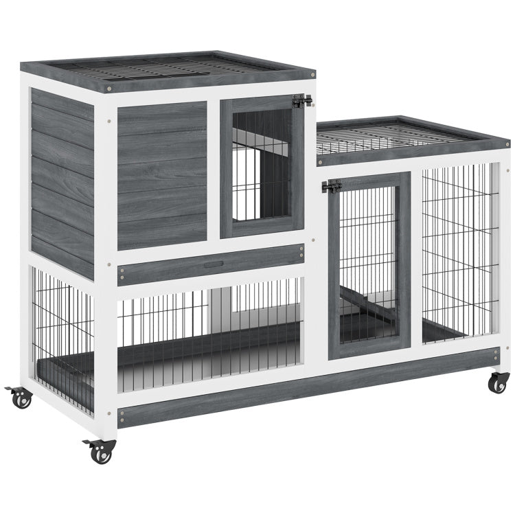 Pawhut Wooden Rabbit Hutch Elevated Bunny Cage Indoor Small Animal Habitat With Enclosed Run With Wheels, Ramp, Removable Tray Ideal For Guinea Pigs, Grey