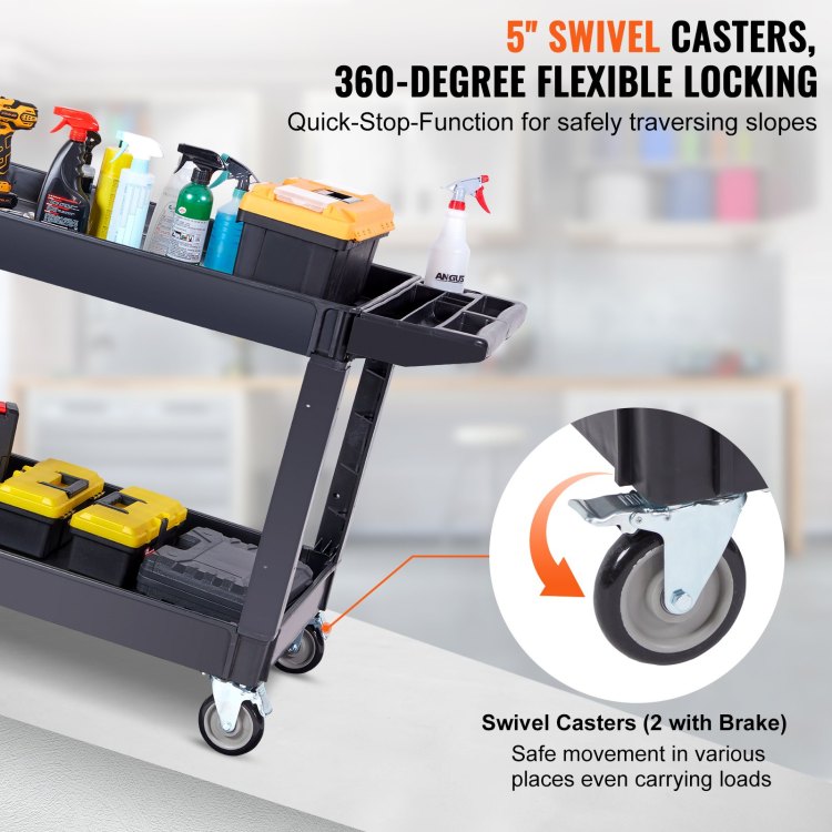 Utility Service Cart, 2 Shelf 550Lbs Heavy Duty Plastic Rolling Utility Cart With 360 Swivel Wheels 2 With Brakes , Large Lipped Shelf, Ergonomic Storage Handle For Warehouse Garage Cleaning