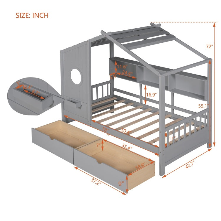 Wooden Twin Size House Bed With 2 Drawers,Kids Bed With Storage Shelf, Gray Old Sku: Hl000051Aae