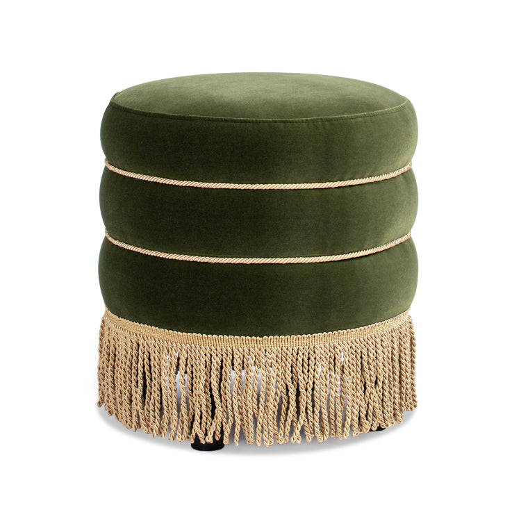 Edward 17.5" Round Upholstered Ottoman With Bullion Fringe, Olive Green Performance Velvet