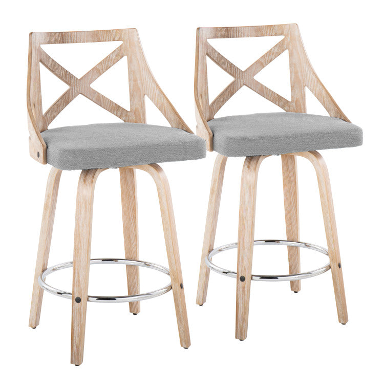 26" Fixed Height Counter Stool With Swivel In White Washed Wood, Light Grey Fabric With Round Chrome Metal Footrest Set Of 2