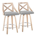 26" Fixed Height Counter Stool With Swivel In White Washed Wood, Light Grey Fabric With Round Chrome Metal Footrest Set Of 2