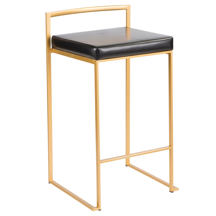 Contemporary Counter Stool In Gold With Black Faux Leather Set Of 2