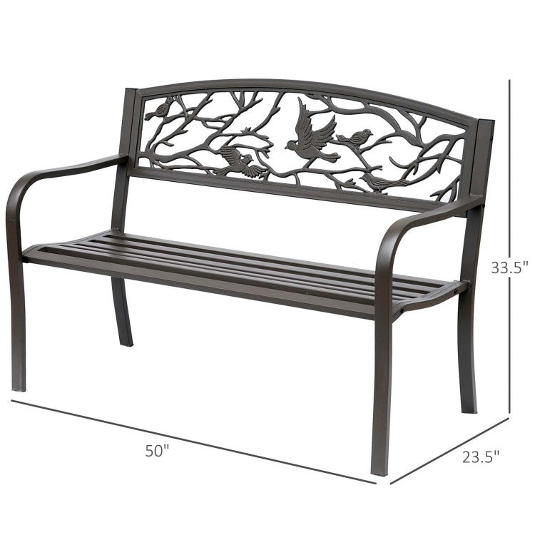 Outsunny 50" Garden Bench, Outdoor Patio Bench With Animal Pattern, Cast Steel Metal Bench For Yard, Lawn, Porch, Brown