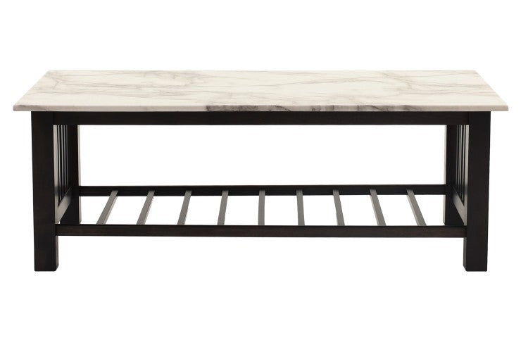 Modern Contemporary 1Pc Coffee Table Faux Marble Top Antique Walnut Solid Legs Open Storage Shelf Occasional Table Living Room