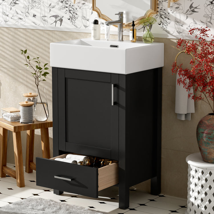 20.28'' Black Modern Bathroom Vanity With Ceramic Sink, Solid Wood Frame, And Drawer Ideal For Small Bathrooms