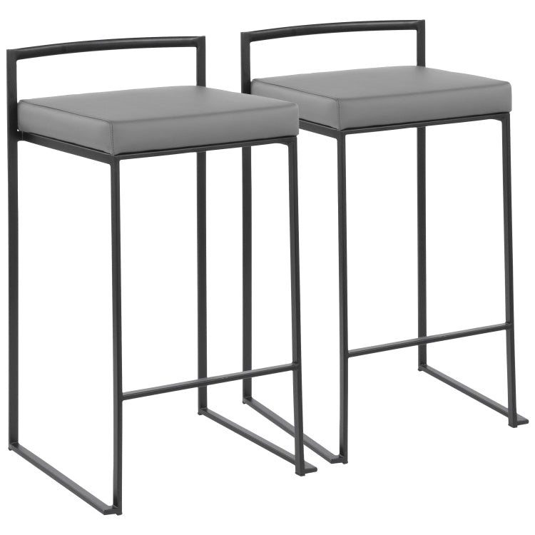 Contemporary Stackable Counter Stool In Black With Grey Faux Leather Cushion Set Of 2