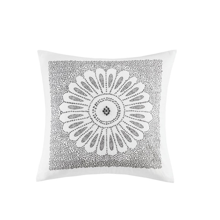 Cotton Embroidered Decorative Square Pillow Grey 20X20"