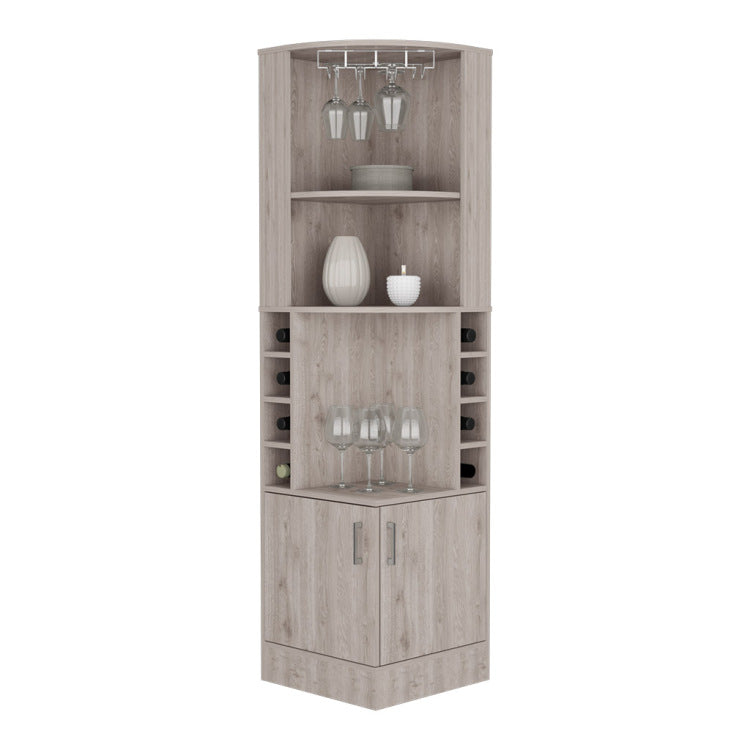 Corner Bar Cabinet 71" H, With Two Shelves At The Top, 1 Glass Holder, 8 Exterior Bottle Racks, 1 Central Shelf And A Lower Drawer With 2 Side Doors, Light Gray