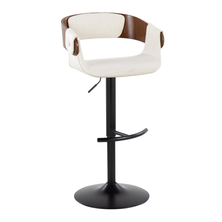 Elisa Mid Century Modern Adjustable Barstool With Swivel In Black Metal, Walnut Wood And Cream Fabric With Rounded T Footrest By Set Of 2