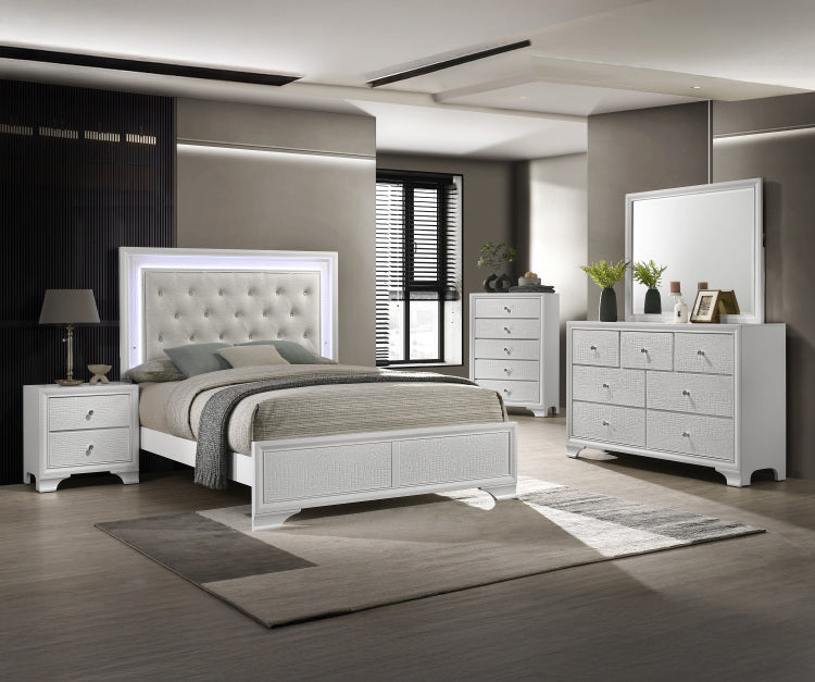 1Pc Modern White Textured Finish Tufted Headboard Upholstered Integrated Led Lighting Full Size Panel Bed Button Tufted Wooden Bedroom Furniture