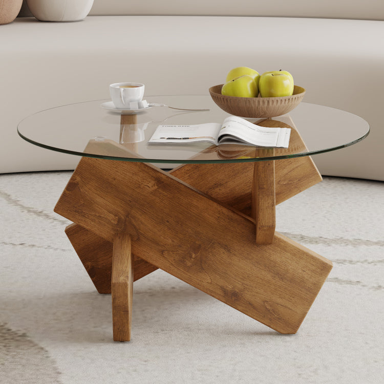 Circular Glass Coffee Table, 33.4 Inch Modern And Distinctive Design Tea Table. Tempered Glass Countertop, Wood Colored Mdf Table Legs. Suitable For Living Rooms And Farmhouses