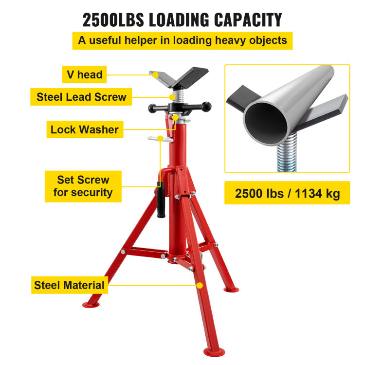 V Head Pipe Stand 1 8" 12" Capacity,Adjustable Height 28" 52 ,Pipe Jack Stands 2500 Lb. Load Capacity,Portable Folding Pipe Stands, Carbon Steel Body More Durable