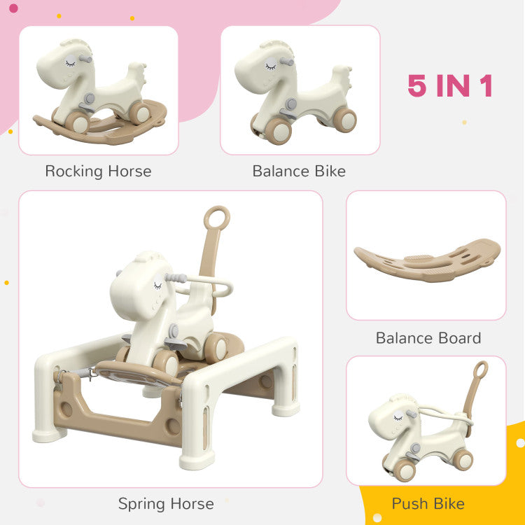 Qaba 5 In 1 Rocking Horse For Toddlers Years 1 6, Kids Spring Ride On Horse Balance Bike With Detachable Balance Board, Push Handle & Footrest For Baby Boys And Girls, Cream White