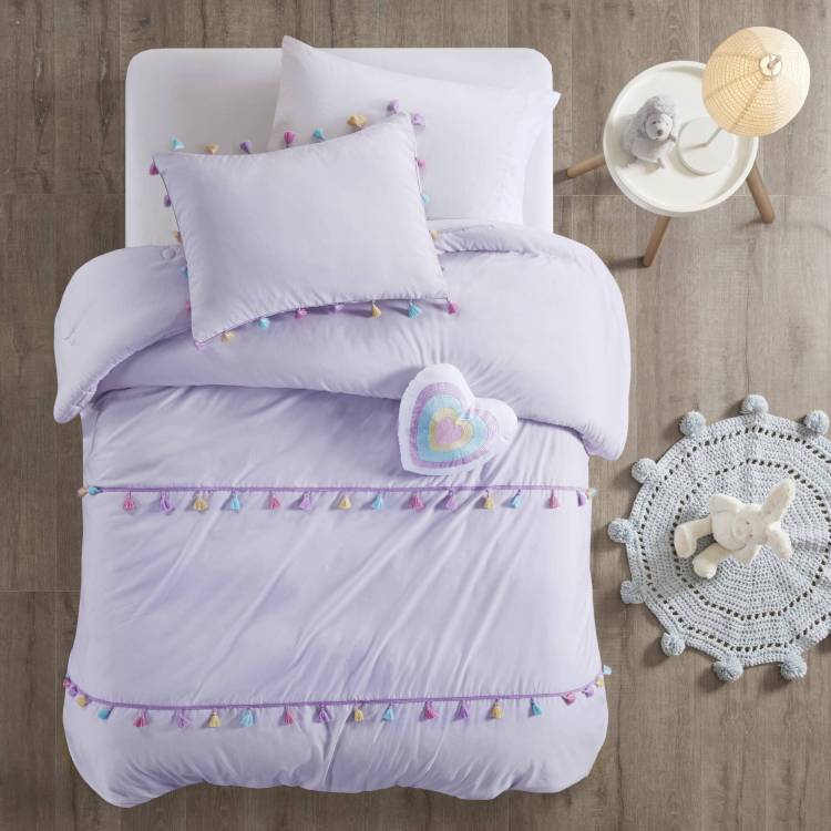 3 Pcs Twin Tassel Comforter Set With Heart Shaped Throw Pillow Lavender
