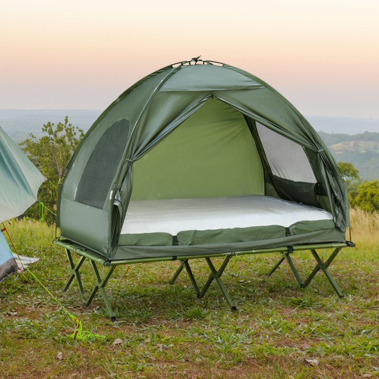 Outsunny 2 Person Foldable Camping Cot With Tent, Bedspread And Thick Air Mattress, 4 In 1 Elevated Camping Bed Tent For Outdoor Hiking, Picnic, Travel