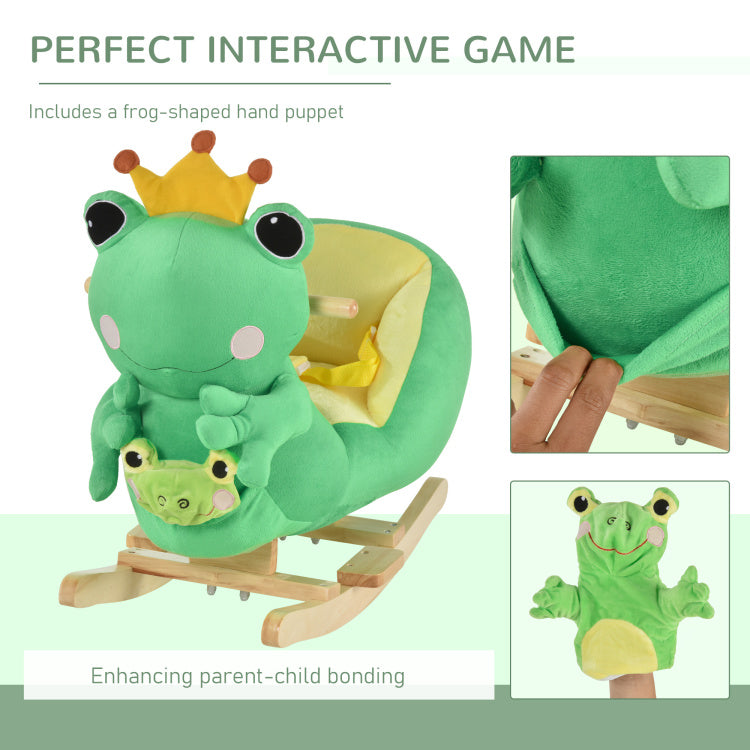 Qaba Kids Ride On Rocking Horse Toy Frog Style Rocker With Fun Music, Seat Belt & Soft Plush Fabric Hand Puppet For Children 18 36 Months