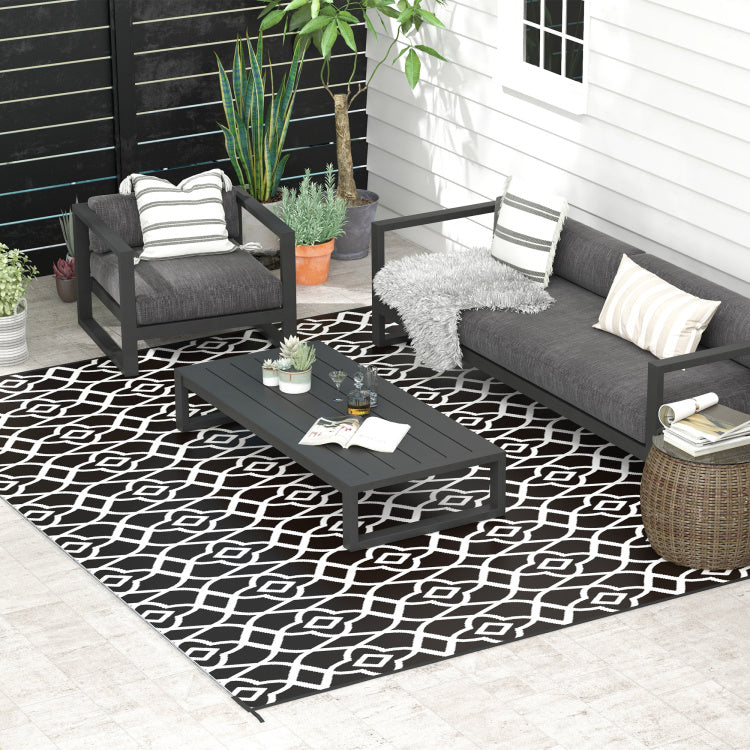 Outsunny Reversible Outdoor Rug, 9' X 12' Waterproof Plastic Straw Floor Mat, Portable Rv Camping Carpet With Carry Bag, Large Floor Mat For Backyard, Deck, Picnic, Beach, Black & White Clover