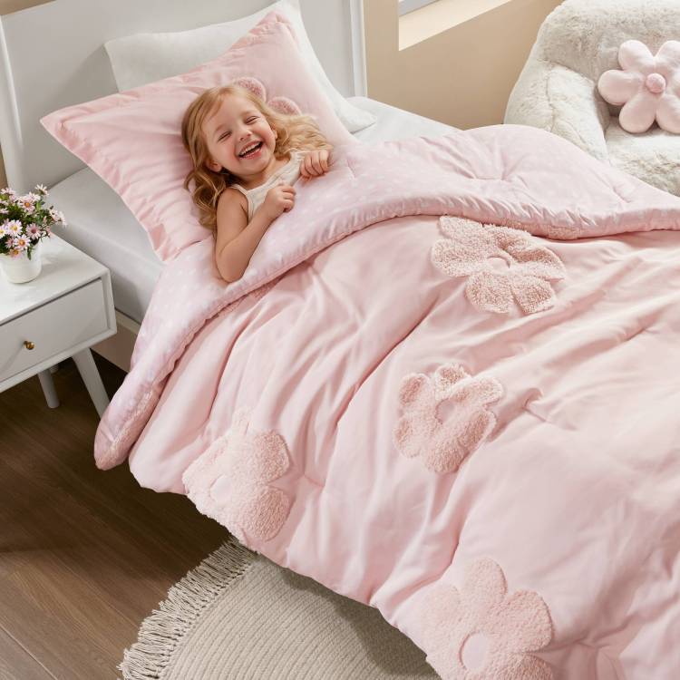 3 Piece Twin Floral Reversible Tufted Chenille Comforter Set With Flower Throw Pillow,Pink