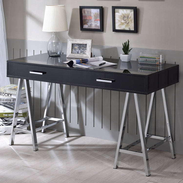 Black High Gloss And Chrome 2 Drawer Writing Desk