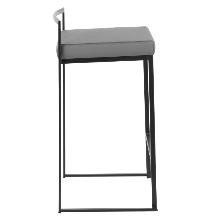 Contemporary Stackable Counter Stool In Black With Grey Faux Leather Cushion Set Of 2