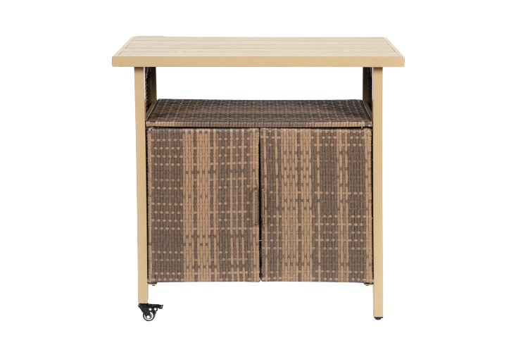 Outdoor Wicker Bar Cart, Patio Wine Serving Cart W Wheels , Rolling Rattan Beverage Bar Counter Table For Porch Backyard Garden Poolside Party, Beige