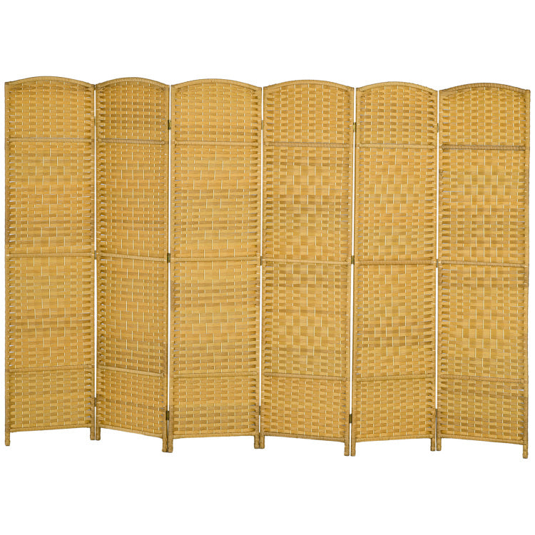 Homcom 6 Panel Room Divider, 6' Tall Folding Privacy Screen, Hand Woven Freestanding Wall Partition For Home Office, Bedroom, Nature Wood