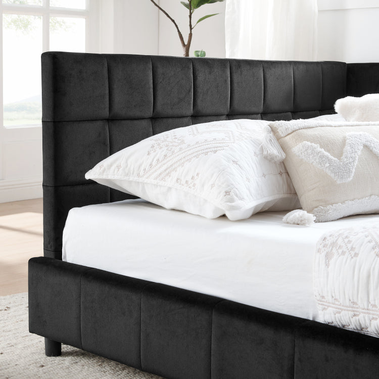 Full Size Upholstered Tufted Bed Frame, Sofa Bed Frame With Comfortable Backrest And Armrests, Full Size Bed For Bedroom, Living Room,Velvet, Black 80.5''*59''*30.5''