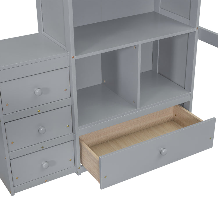 Full Size Loft Wood Bed With Desk, Storage Shelves And Drawers, Built In Ladder, High Loft Bed With Desk, Storage Shelves And Drawers,Guardrails,Grey