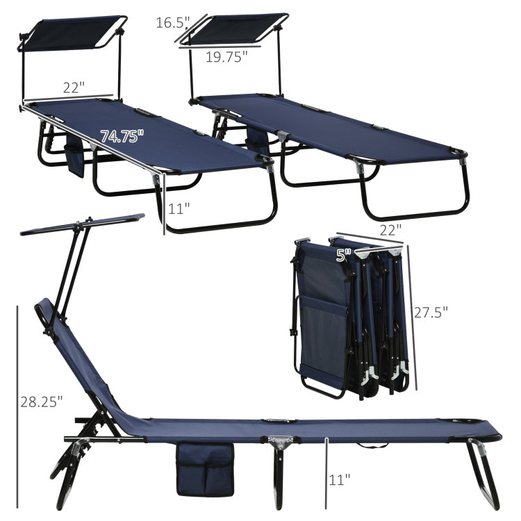 Outsunny Folding Chaise Lounge Pool Chairs, Outdoor Sun Tanning Chairs With Canopy Shade, Reclining Back, Steel Frame And Side Pocket For Beach, Yard, Patio, Dark Blue