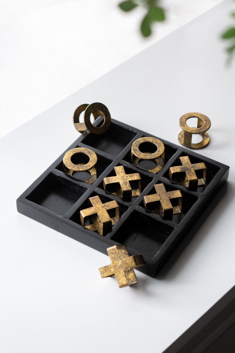 9.8X9.8X1.2" Black Wooden Tic Tac Toe Game Set With Gold Iron Pieces