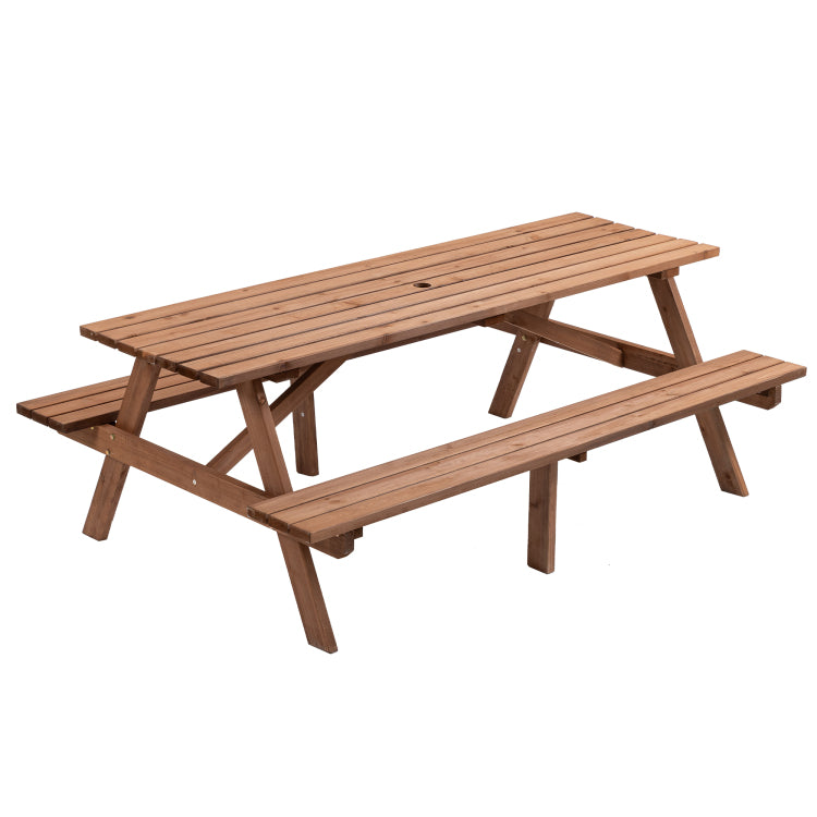 8 Person Brown Wooden Picnic Table, Outdoor Camping Dining Table With 2 Seats, Garden, Diy With 2 Built In Benches, 2220Lb Capacity