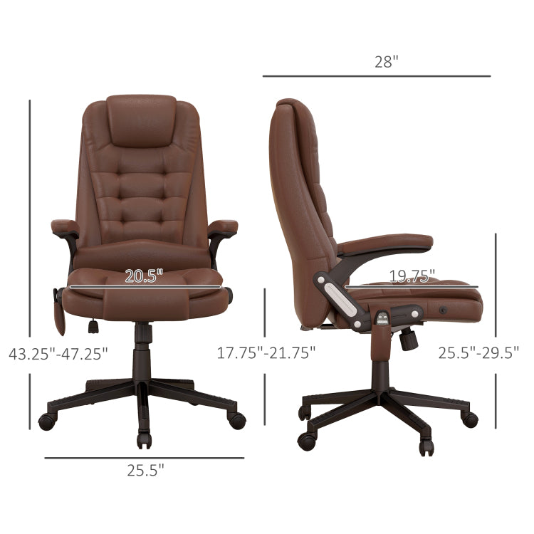 Homcom High Back Vibration Massage Office Chair With 6 Vibration Points, Heated Reclining Pu Leather Computer Chair With Armrest And Remote, Brown