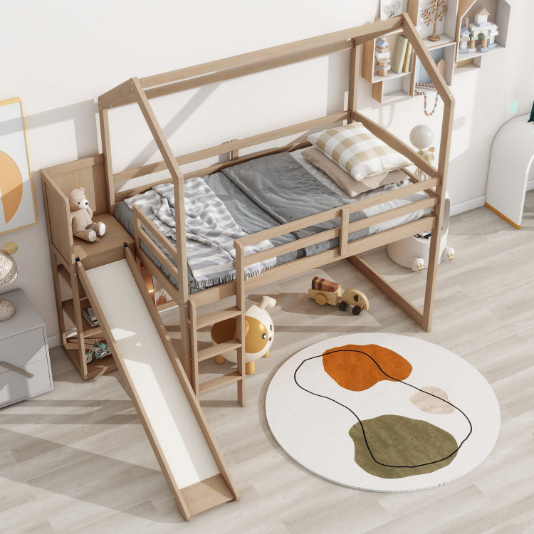 Twin Size Wood House Loft Bed With Slide, Storage Shelves And Light, Climbing Ramp, Wood Color