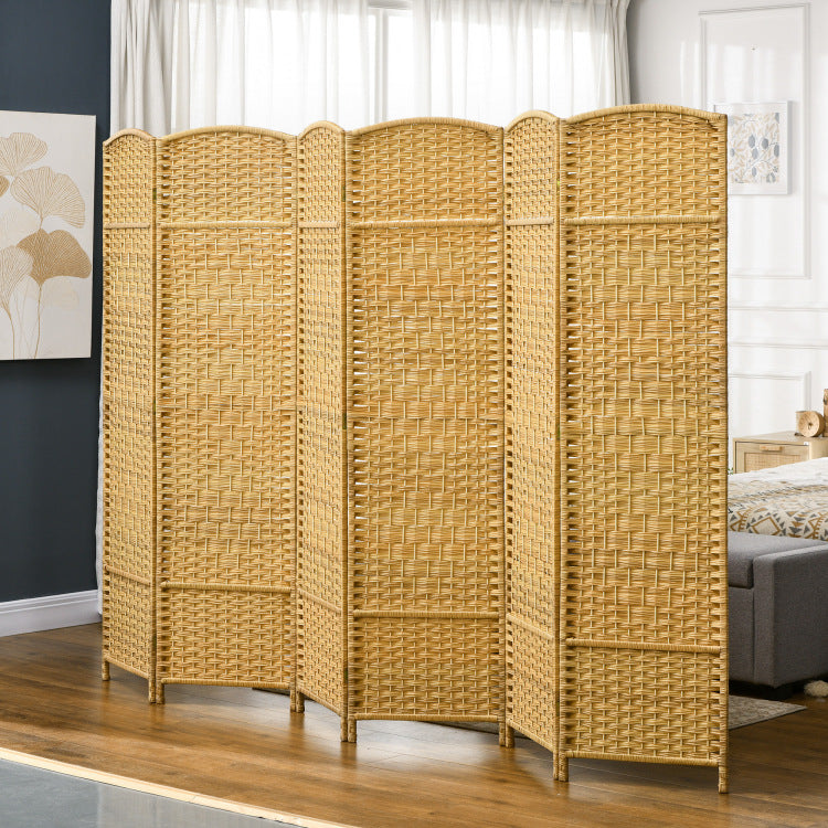 Homcom 6 Panel Room Divider, 6' Tall Folding Privacy Screen, Hand Woven Freestanding Wall Partition For Home Office, Bedroom, Nature Wood