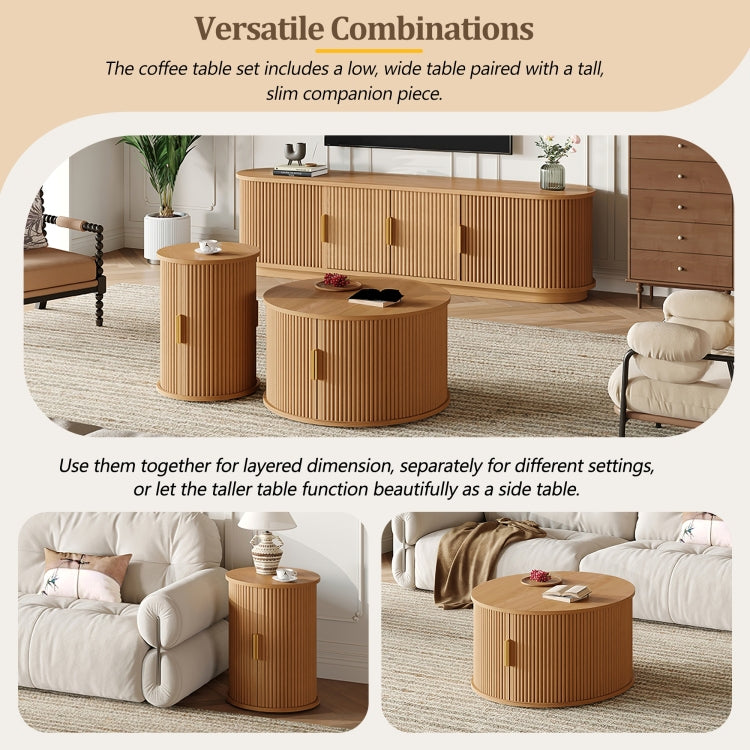 Assembly Video Wooden Tv Stand & Coffee Table Set With Fluted Sliding Door For Tvs Up To 75", Golden Handles Media Console With Cable Hole, Farmhouse Round Center Table For Living Room, Natural