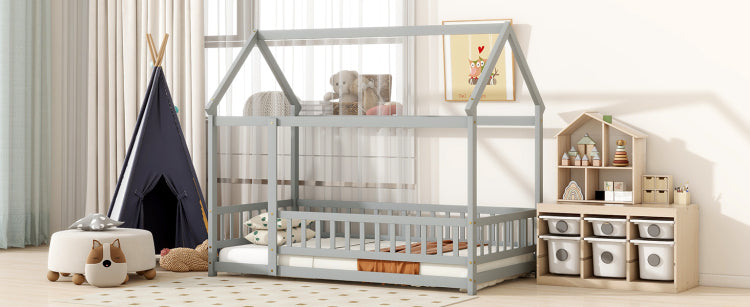Twin Size House Floor Wooden Bed With Roof Frame,Safety Guardrails,Grey