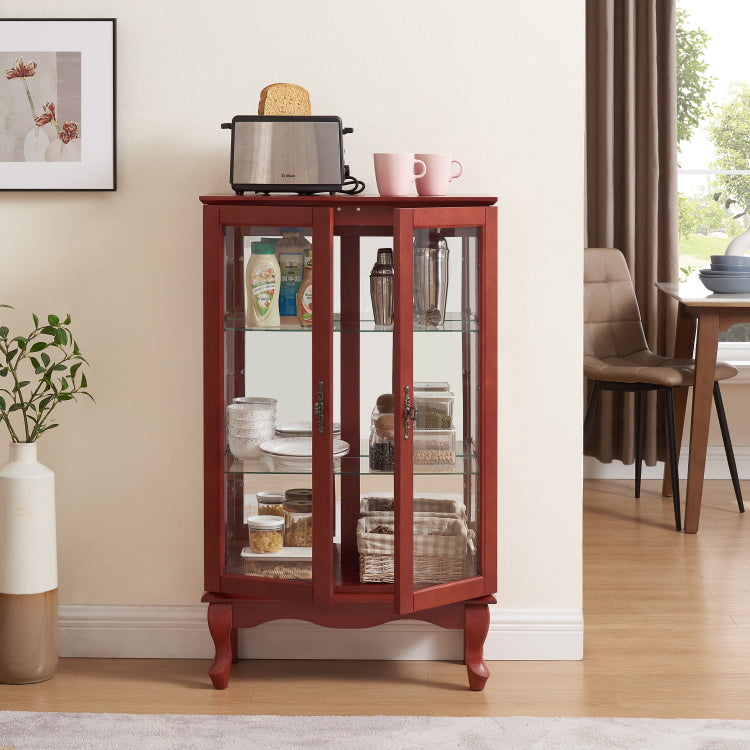 2 Doors Curio Cabinet With Tempered Glass Doors, Curio Cabinets With Mirrored Back Panel And Adjustable Shelves, Lighted Display Cabinet For Home, Office Light Bulb Included Cherry