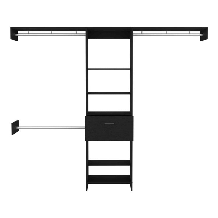 Closet System, One Drawer, Three Metal Rods, Five Open Shelves, Black