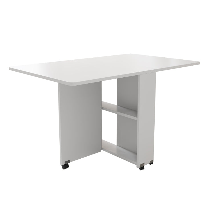 Folding Drop Leaf Dining Table With 6 Wheels And 2 Layer Storage Shelf, Space Saving Table For Small Spaces, 47.2 Inch D X 23.6 Inch W X 30.3 Inch H, White