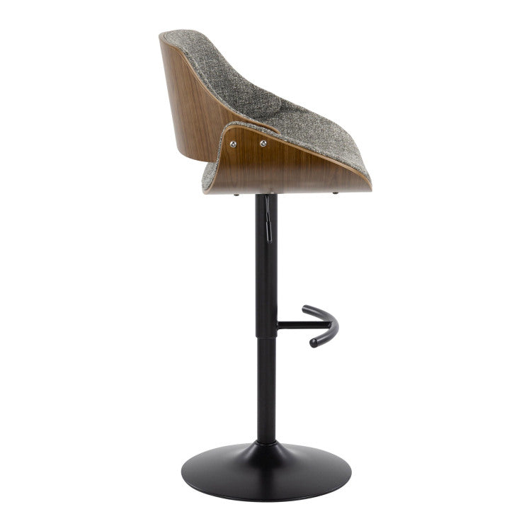 Mid Century Modern Adjustable Barstool In Walnut Wood, Black Metal And Noise Grey Fabric With Rounded T Footrest Set Of 2