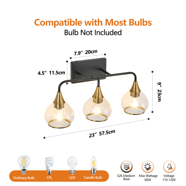 23" Modern 3 Light Vanity Wall Sconce Black And Gold Bathroom Light Fixture With Clear Glass Shades, Industrial Wall Mounted Lamp For Mirror, Vanity, And Living Spaces Bulb Not Included