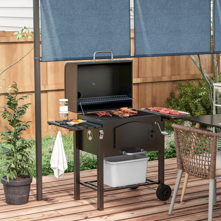 Outsunny Charcoal Grill, Bbq With Adjustable Height, Portable Barbecue With Folding Shelves, Thermometer, Bottle Opener & Wheels For Outdoor Camping, Picnic, Patio, Backyard, Black