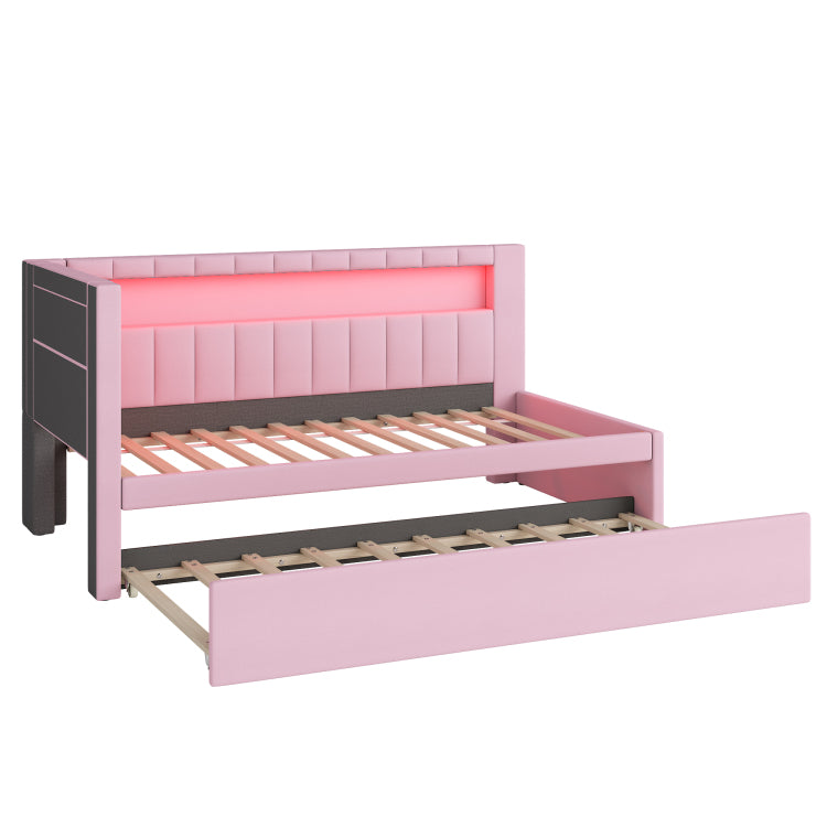 Upholstered Twin Size Platform Bed With Usb Ports And Led Belt, With Trundle, Pink