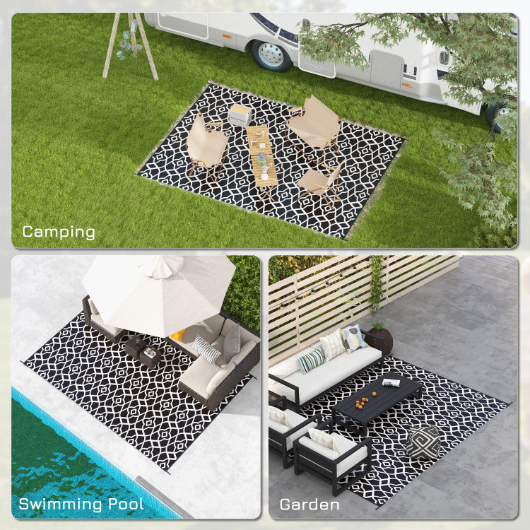 Outsunny Reversible Outdoor Rug, 9' X 12' Waterproof Plastic Straw Floor Mat, Portable Rv Camping Carpet With Carry Bag, Large Floor Mat For Backyard, Deck, Picnic, Beach, Black & White Clover